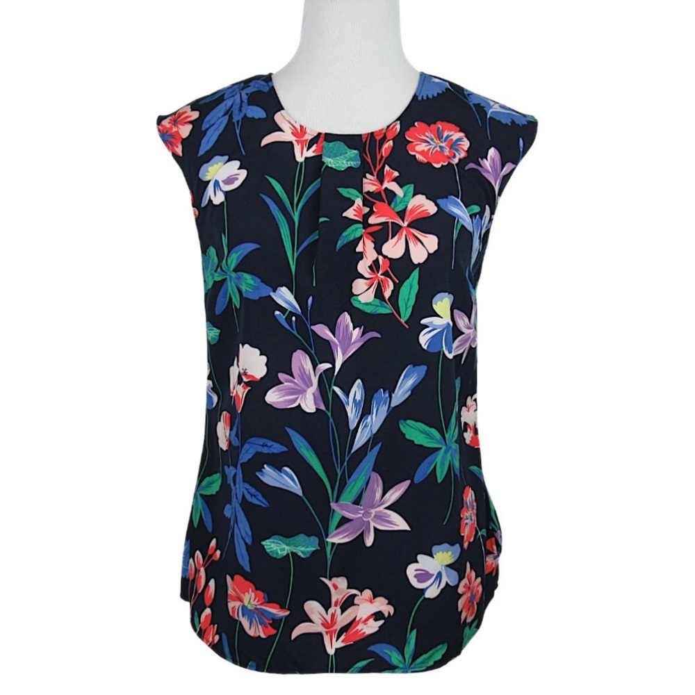 TALBOTS Floral Navy Sleeveless Button Back Blouse Career Wear Women's Size 4